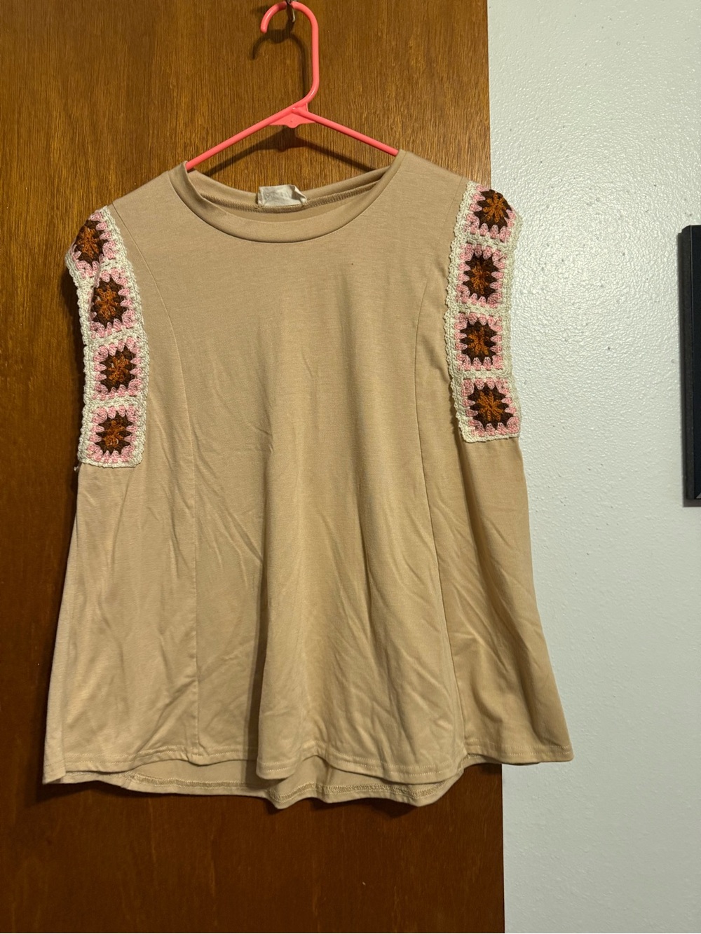 Beige Sleeveless Top with Crochet Shoulder Panels - Women